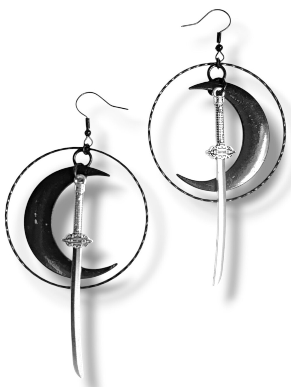 NWT Handmade Black Crescent Moon Silver Sword and Hoop Layered Earrings